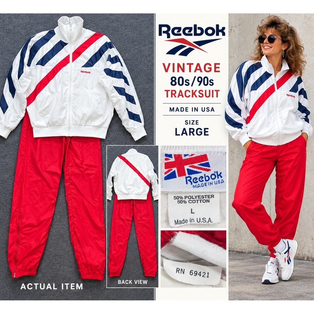 Reebok Tracksuit Women VTG 80s 90s Windbreaker Set Red White Blue L Excellent